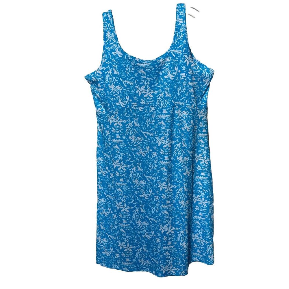 Palm Print Tank Dress Large Blue Sleeveless Vacay Size L PFG Columbia Sportwear